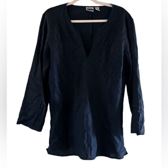 Chicos Navy Blue V-Neck 100% Linen Textured Top Size Large - Picture 1 of 9